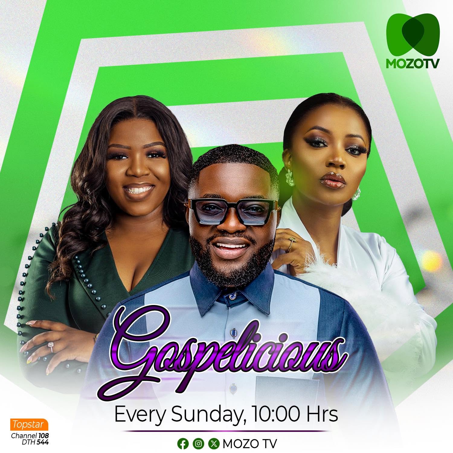 The Gospelicious Show on Mozo TV, every Sunday at 10:00hrs with a repeat at 16:30hrs