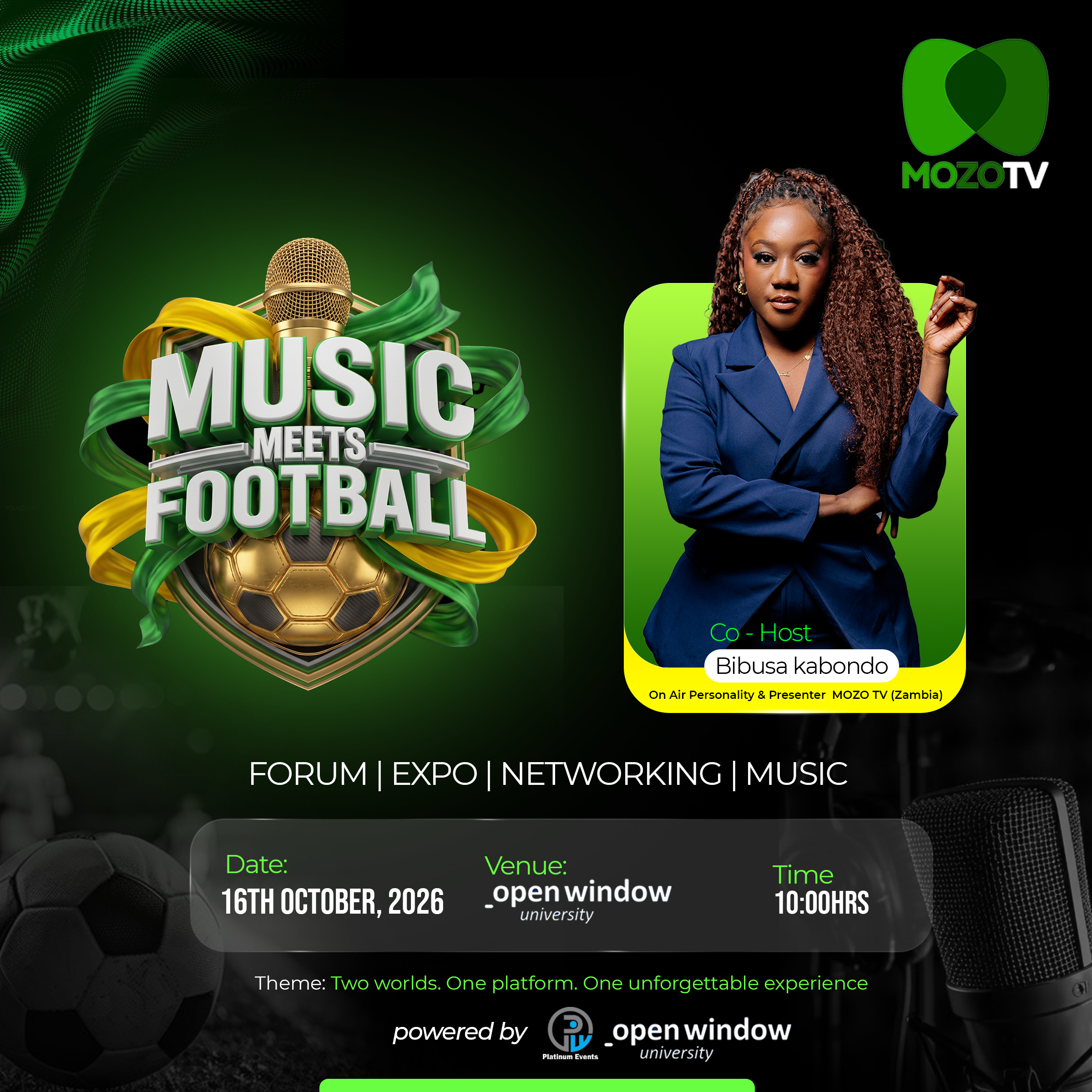 Music Meets Football poster with co-host Bibusa Kabondo, Mozo TV on-air personality