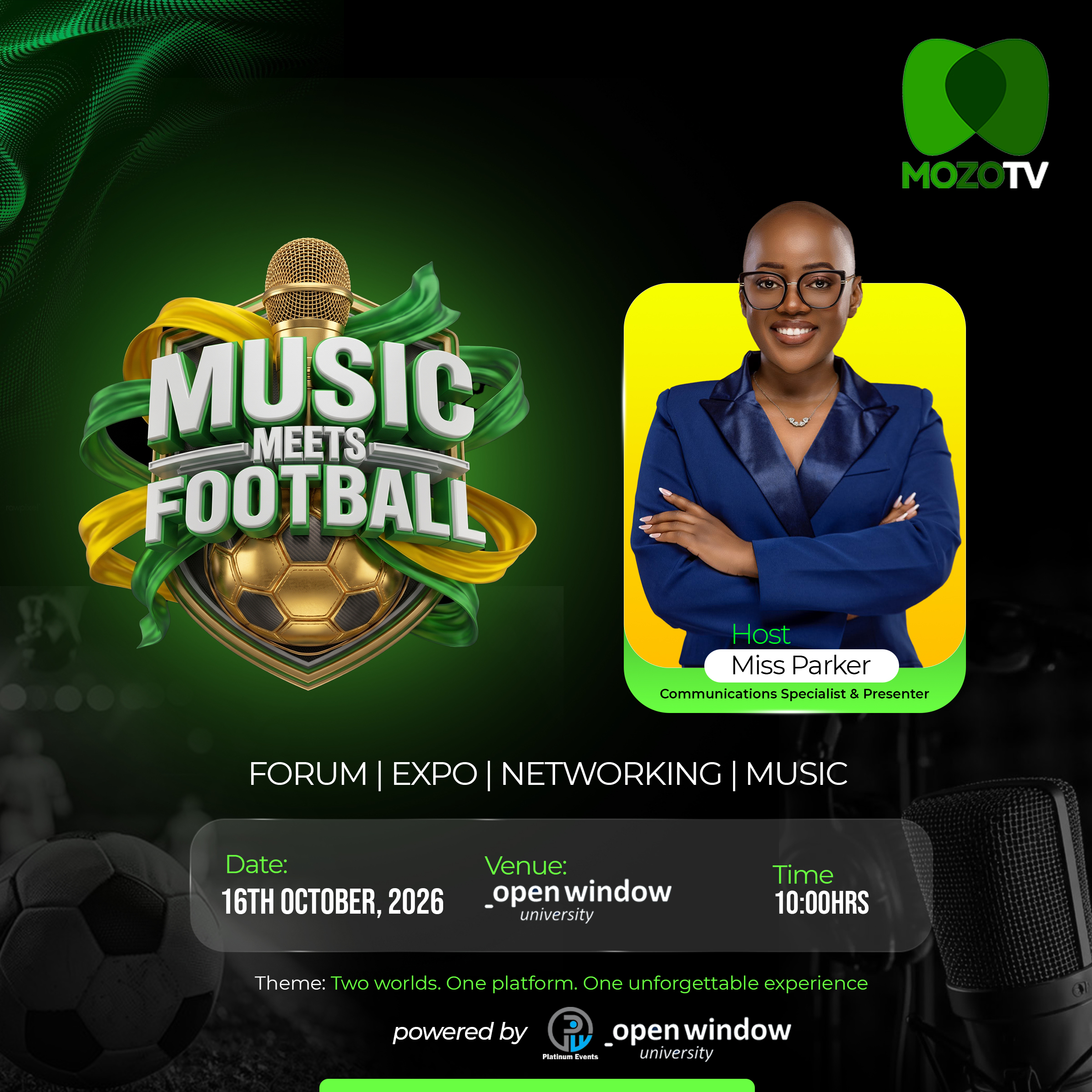 Music Meets Football poster featuring guest speaker Victoria Nyanzi (Ateenyi) of The African Sisters Network, Uganda