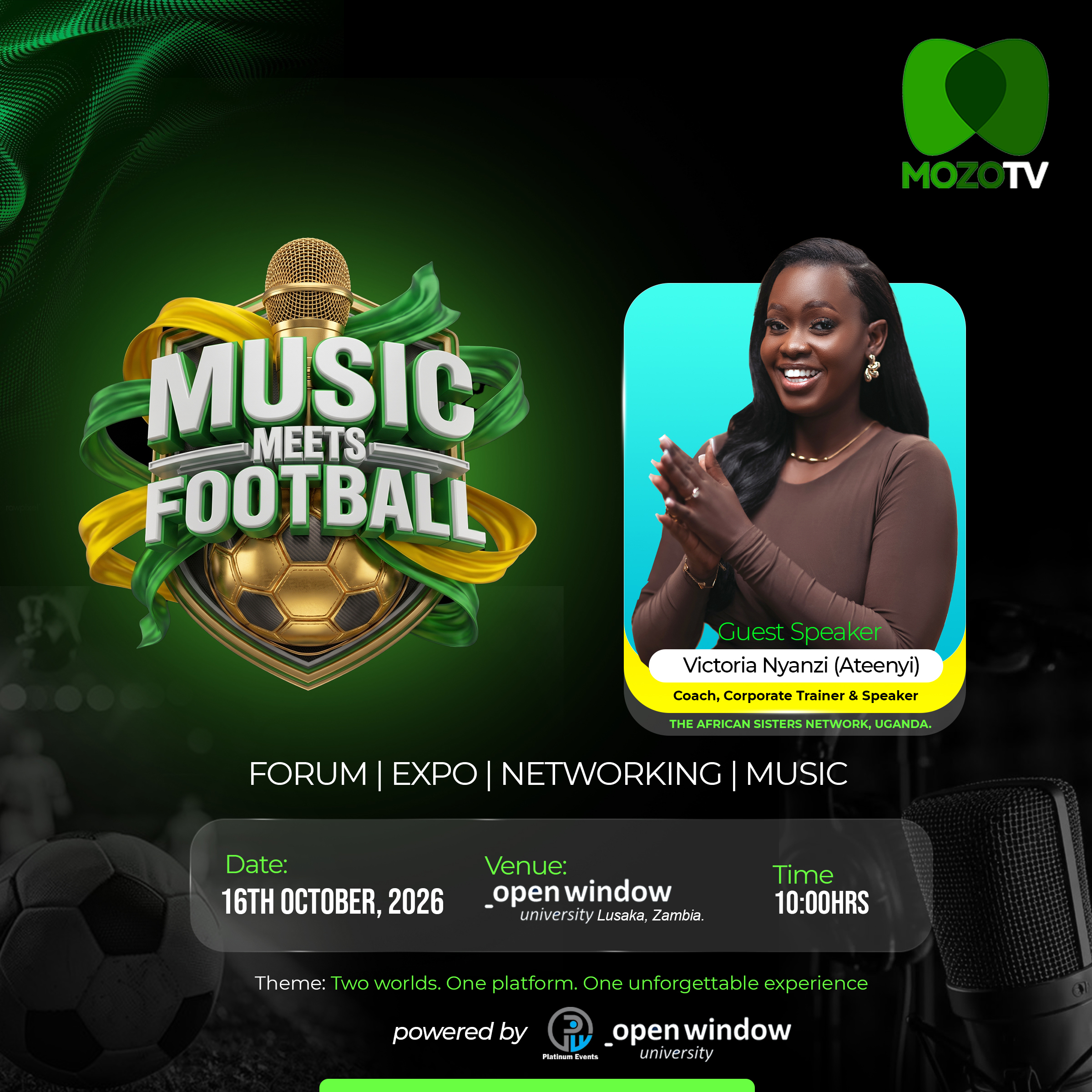 Music Meets Football poster featuring speaker Choolwe Chibomba of Timedia, Zambia