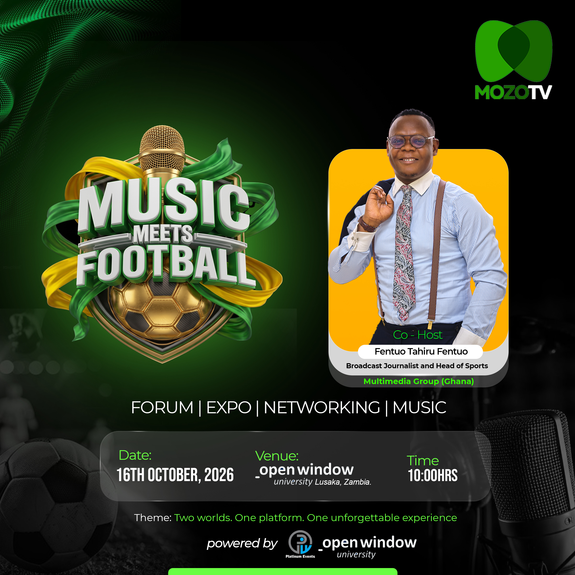 Music Meets Football poster featuring Mr Innocent Kalaluka (Smooth IK), veteran broadcaster and creative producer
