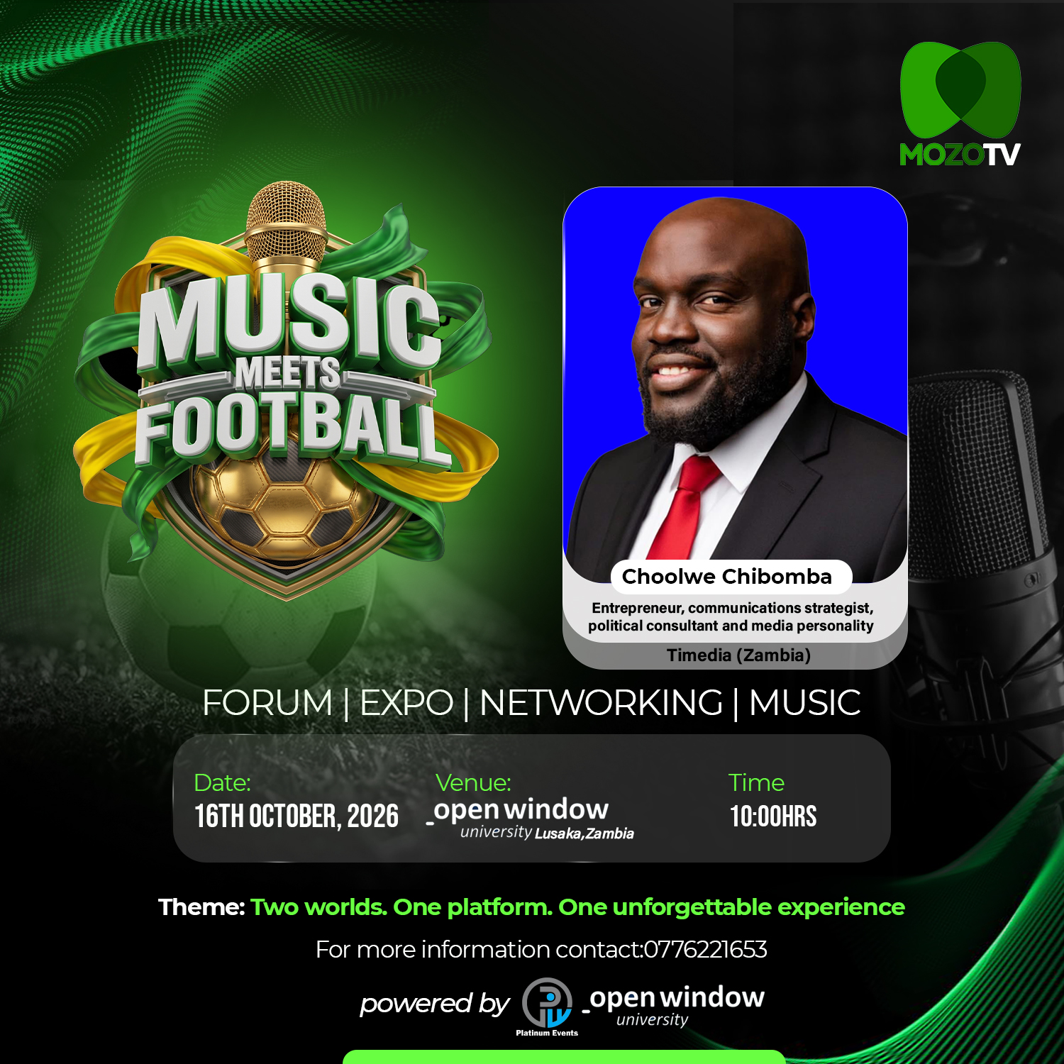 Music Meets Football poster with host Miss Parker, communications specialist and presenter