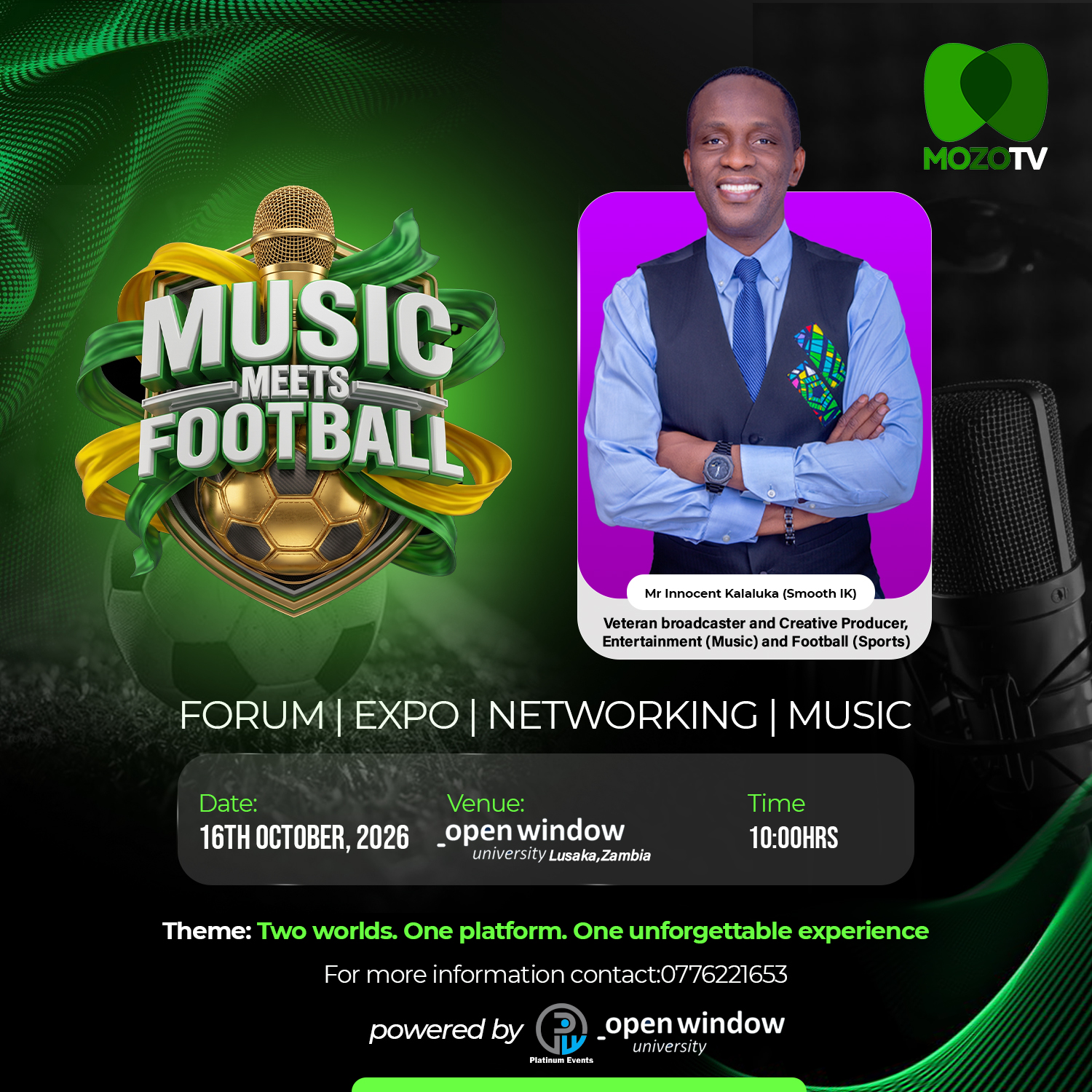 Music Meets Football poster with co-host Fentuo Tahiru Fentuo, broadcast journalist and head of sports at Multimedia Group, Ghana